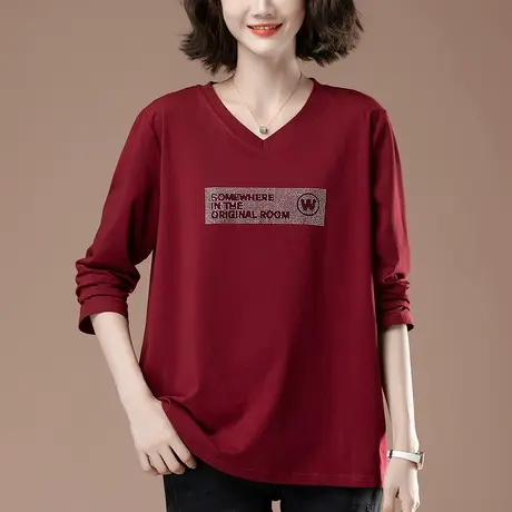 加肥加大码长袖t恤女春秋新款宽松中年妈妈纯棉烫钻V领显瘦打底衫商品大图