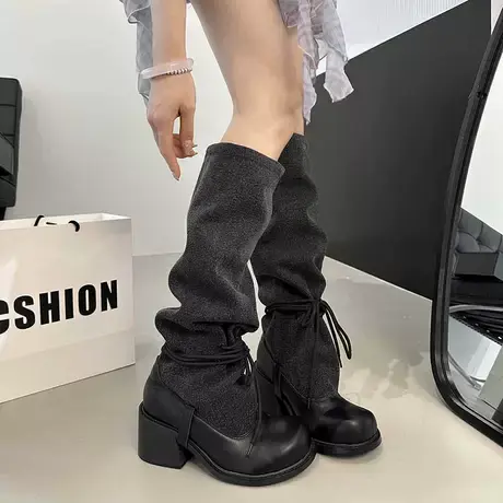法式褶皱堆堆靴女2025年新款夏季配裙子小个子长筒靴增高粗跟长靴商品大图
