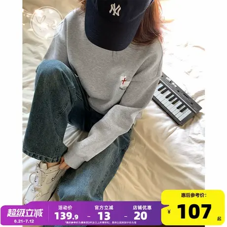 yoe左胸白色小狗毛巾绣圆领卫衣女宽松秋冬休闲可爱加绒加厚上衣图片