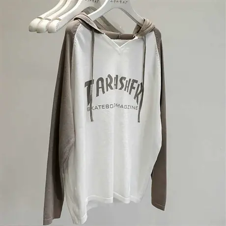 元气满满~美！早秋撞色插肩袖字母连帽针织衫卫衣女宽松休闲上衣商品大图