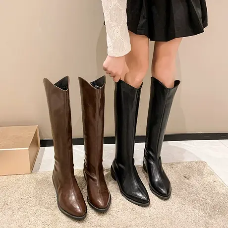 长筒靴女2023新款春秋季v口粗跟显瘦气质长靴洋气复古尖头骑士靴商品大图