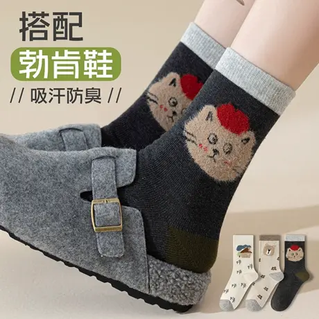 袜子女中筒袜春秋款纯棉ins潮日系可爱卡通小熊配勃肯鞋长筒棉袜商品大图
