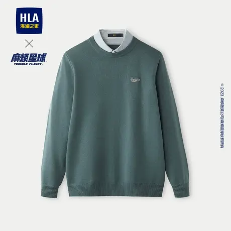 HLA/海澜之家麻烦星球联名系列双领针织衫23秋新修身绣花假两件男商品大图