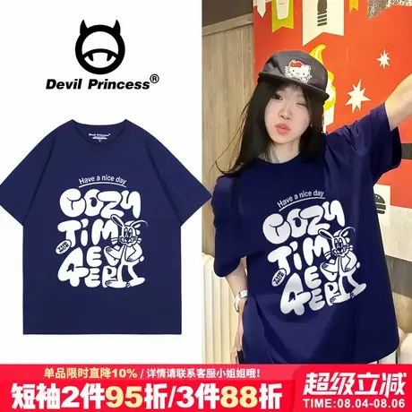 美式街头风卡通潮牌藏蓝色短袖t恤女超火宽松显白正肩半袖上衣夏商品大图