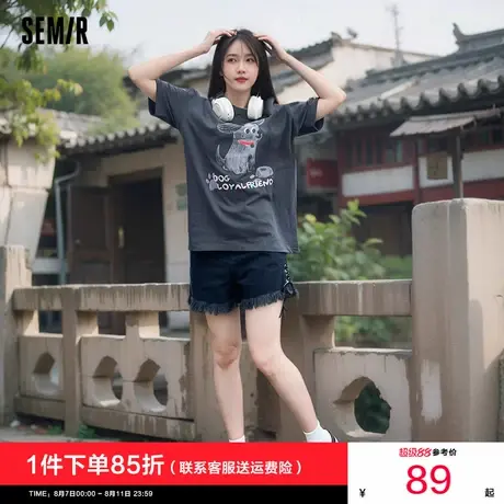 森马牛仔裤女黑色毛边绑带2024新款夏高腰辣妹短裤显腿长纯棉热裤图片