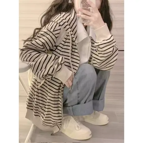 条纹薄款连帽衫卫衣女2023春秋季新款宽松显瘦bf学院风拉链上衣服商品大图
