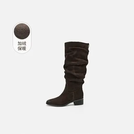 奥莱专供Nine West/玖熙加绒长筒靴女复古中跟堆堆靴通勤粗跟女靴图片