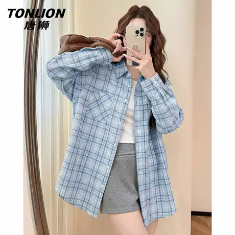 唐狮官方蓝色美式复古格子衬衫女2026新款春秋款撞色衬衣上衣女VB图片