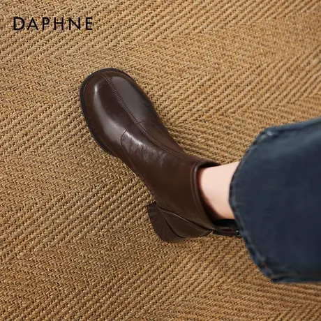 达芙妮粗跟短靴女2026新款秋冬季加绒棕色马丁靴方头切尔西瘦瘦靴商品大图