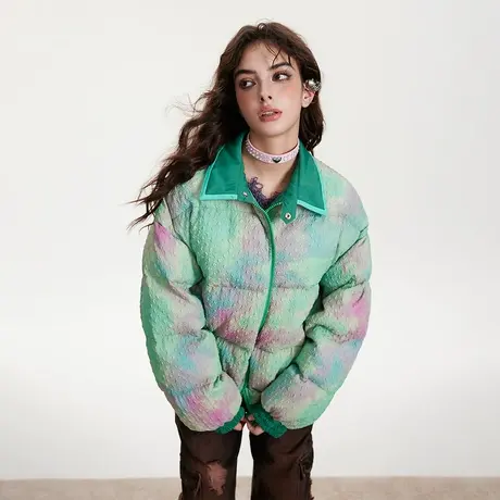 潮牌扎染绿色棉服女冬季外套新款2023年情侣复古宽松oversize棉衣图片