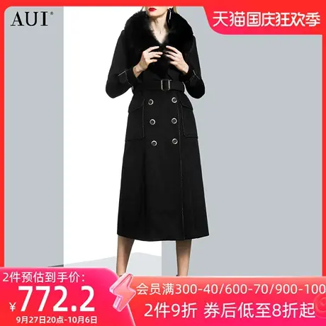 AUI黑色狐狸毛领中长款毛呢外套女2023冬季新款高端过膝呢子大衣商品大图