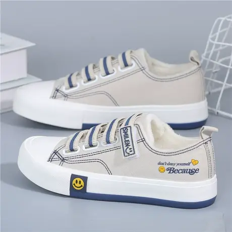 冬季加绒低帮帆布鞋女2023新款学生保暖二棉鞋百搭魔术贴学生板鞋图片