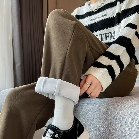 加绒运动裤女秋冬季加厚高腰直筒宽松显瘦九分哈伦小个子休闲卫裤图片