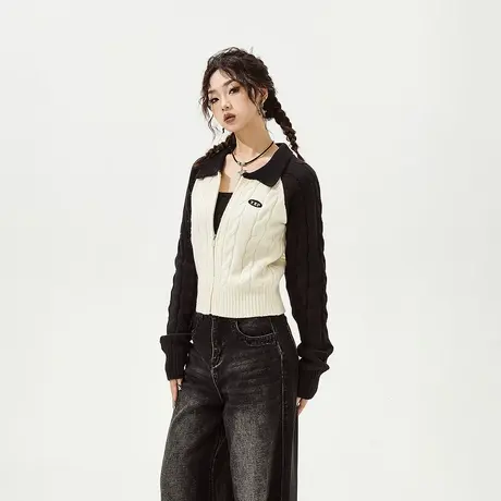 YEP设计感短款拼接毛衣女秋冬2023新款美式复古针织衫外套开衫潮商品大图