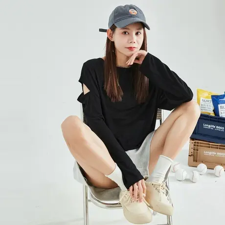 唐狮春秋纯色长袖T恤女短款t恤内搭白色韩版宽松上衣简约百搭潮图片