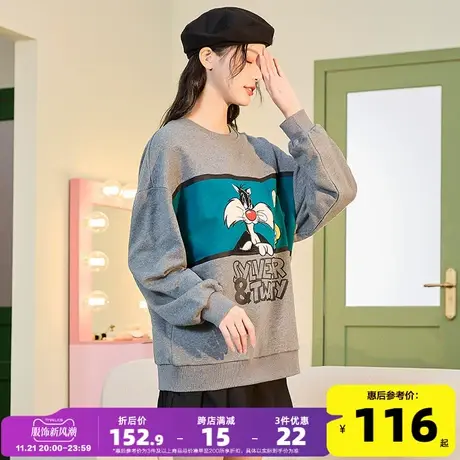 唐狮2023秋季新款女卫衣圆领宽松拼接设计感学院风美式套头上衣商品大图