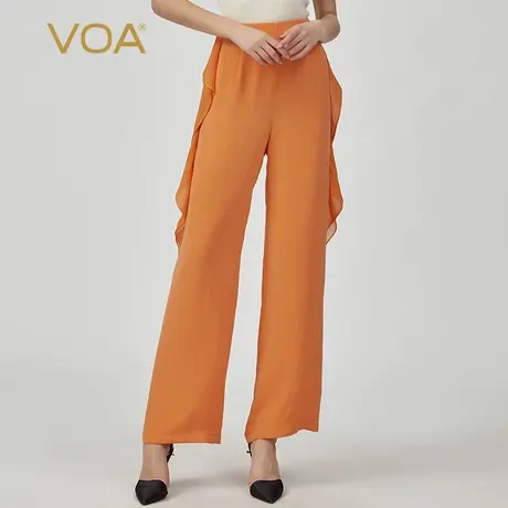 VOA真丝30姆米重磅冰沙橙拼接荷叶边自然腰休闲百搭桑蚕丝直筒裤图片
