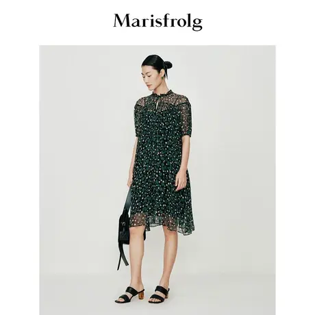 【6A级桑蚕丝】玛丝菲尔夏季新款绿色真丝两件式碎花连衣裙长裙商品大图