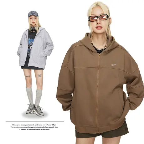 美式复古连帽卫衣女春秋2023年新款宽松开衫运动外套ins潮牌夹克图片