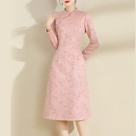 水墨青华2024春季新品立领新中式改良旗袍名媛时尚麂皮绒连衣裙商品大图