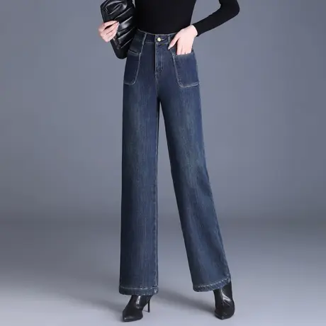 加绒加厚牛仔裤女秋冬高腰显瘦阔腿裤长裤大码中年妈妈直筒裤女裤商品大图