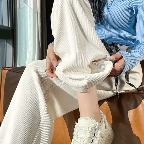 米白色窄版阔腿裤女2023秋冬高腰垂感宽松显瘦慵懒针织休闲拖地裤商品大图