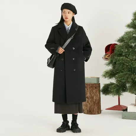 omont蛋挞家 复古西装领双排扣黑色毛呢外套女中长款呢大衣秋冬季商品大图
