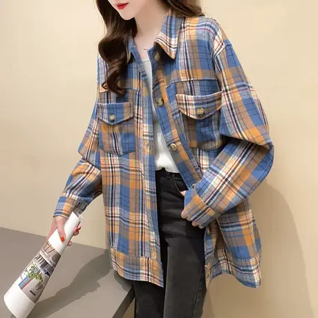 拼色格子衬衫女时尚上衣2023年秋冬季新款女装韩版衬衣百搭潮ins图片