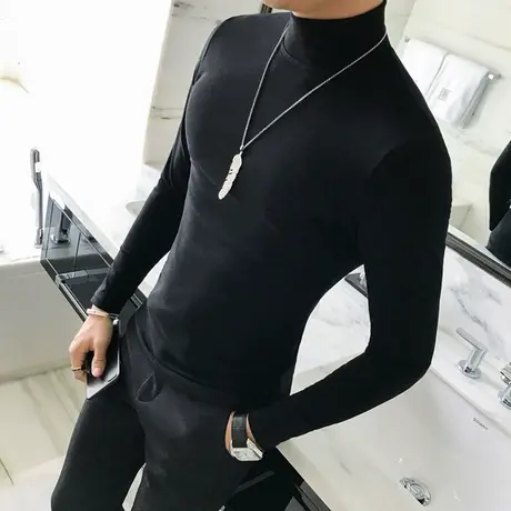 高领T恤秋冬季潮男潮流时尚韩版修身夜店社会小伙纯色打底衫体恤图片