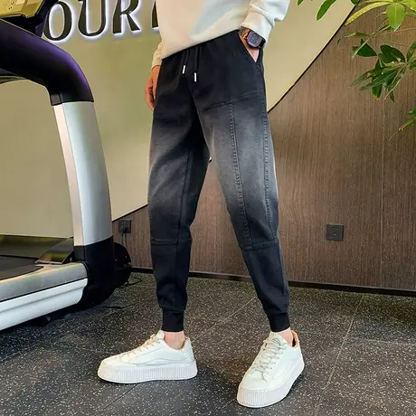 冬季渐变小脚牛仔裤加绒加厚休闲裤子2024春秋款潮牌哈伦束脚男裤商品大图