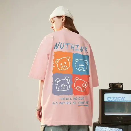 Nuthink夏季可爱风小熊短袖T恤宽松oversize大码上衣半截袖情侣装商品大图