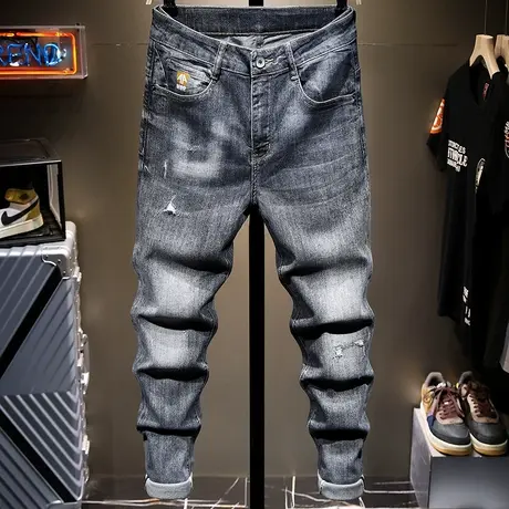 夏季潮牌日系复古做旧牛仔裤男修身小脚百搭男士休闲九分裤男弹力商品大图