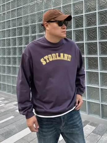 秋新款廓版落肩假两件紫色潮胖子加肥加大码男款圆领长袖卫衣商品大图