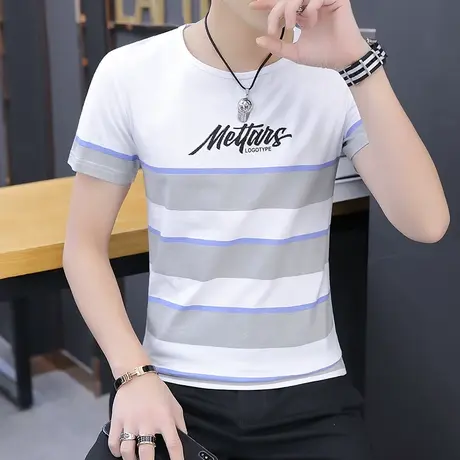 夏季薄款男士短袖T恤半袖条纹体恤冰丝夏装上衣服男生潮流夏天T恤商品大图