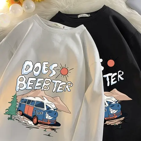 纯棉t恤男夏季薄款港风ins宽松上衣服男士潮牌卡通印花长袖打底衫图片