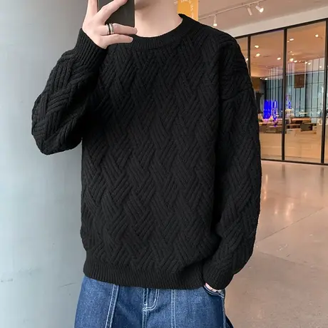 毛衣男士秋冬季新款潮牌麻花编织黑色打底线衫简约加厚休闲针织衫商品大图