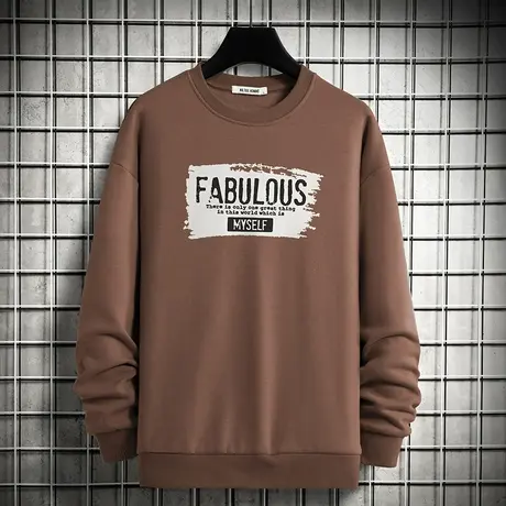 2024秋季新款卫衣男生潮流百搭加绒加厚无帽宽松圆领套头长袖t恤商品大图