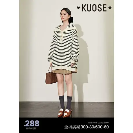 阔色复古黑白条纹海军领毛衣女2023秋冬新款中长学院风针织衫上衣商品大图