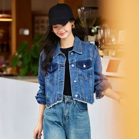 时尚气质短外套2023年秋季新款女装短款长袖撞色复古百搭牛仔上衣图片