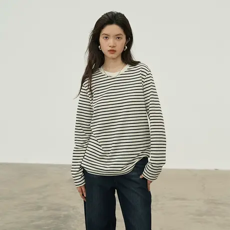 omont蛋挞家 圆领撞色条纹t恤秋季新宽松休闲叠穿长袖上衣女商品大图