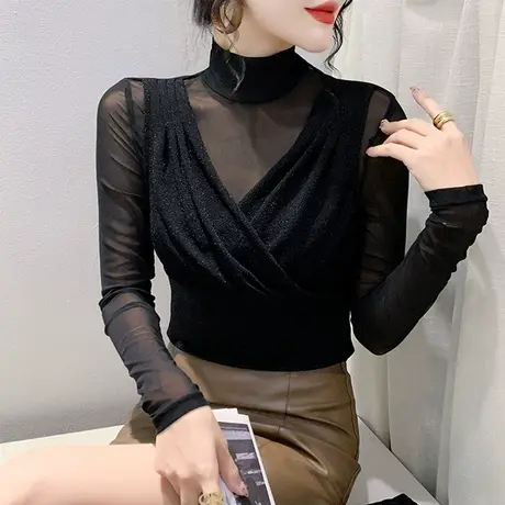 性感网纱褶皱拼接T恤女长袖时尚立领烫钻上衣洋气修身百搭打底衫图片
