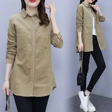 2023秋季新款时尚漂亮女上衣灯芯绒中长款衬衫女宽松外穿百搭衬衣图片