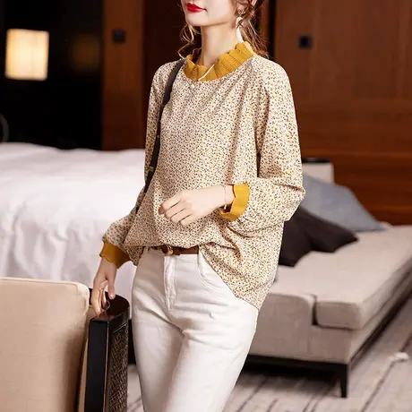 2023秋季新韩版长袖宽松碎花小衫别致漂亮的雪纺衫女遮肚子打底衫图片