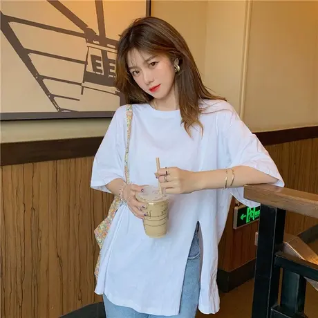 短袖t恤女2023年夏季新款设计感小众网红中长款宽松侧开叉上衣潮商品大图
