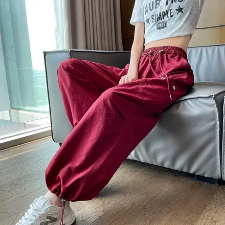 酒红色美式工装裤女春秋新款宽松束脚高腰显瘦直筒休闲阔腿灯笼裤图片