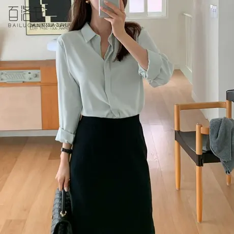 百洛安气质通勤上衣女百搭显瘦衬衣春装新款时尚翻领宽松长袖衬衫商品大图