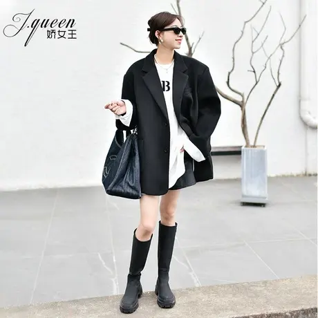 黑色毛呢西装外套女冬季夹棉秋冬季新款复古宽松中长款呢子上衣商品大图