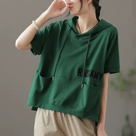 dza复古宽松连帽短袖t恤女夏薄款休闲纯棉打底衫短款漂亮带帽上衣商品大图