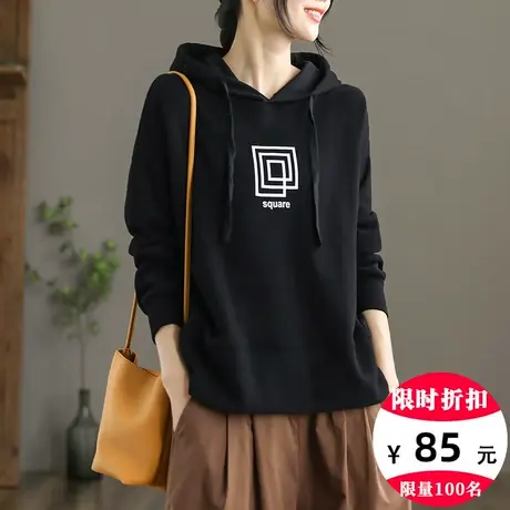 dza 复古连帽套头卫衣女士2023新款春秋宽松上衣百搭长袖短款外套图片