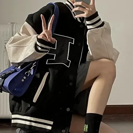 oversize外套女春秋小香风上衣开衫美式复古街头夹克棒球服ins潮商品大图